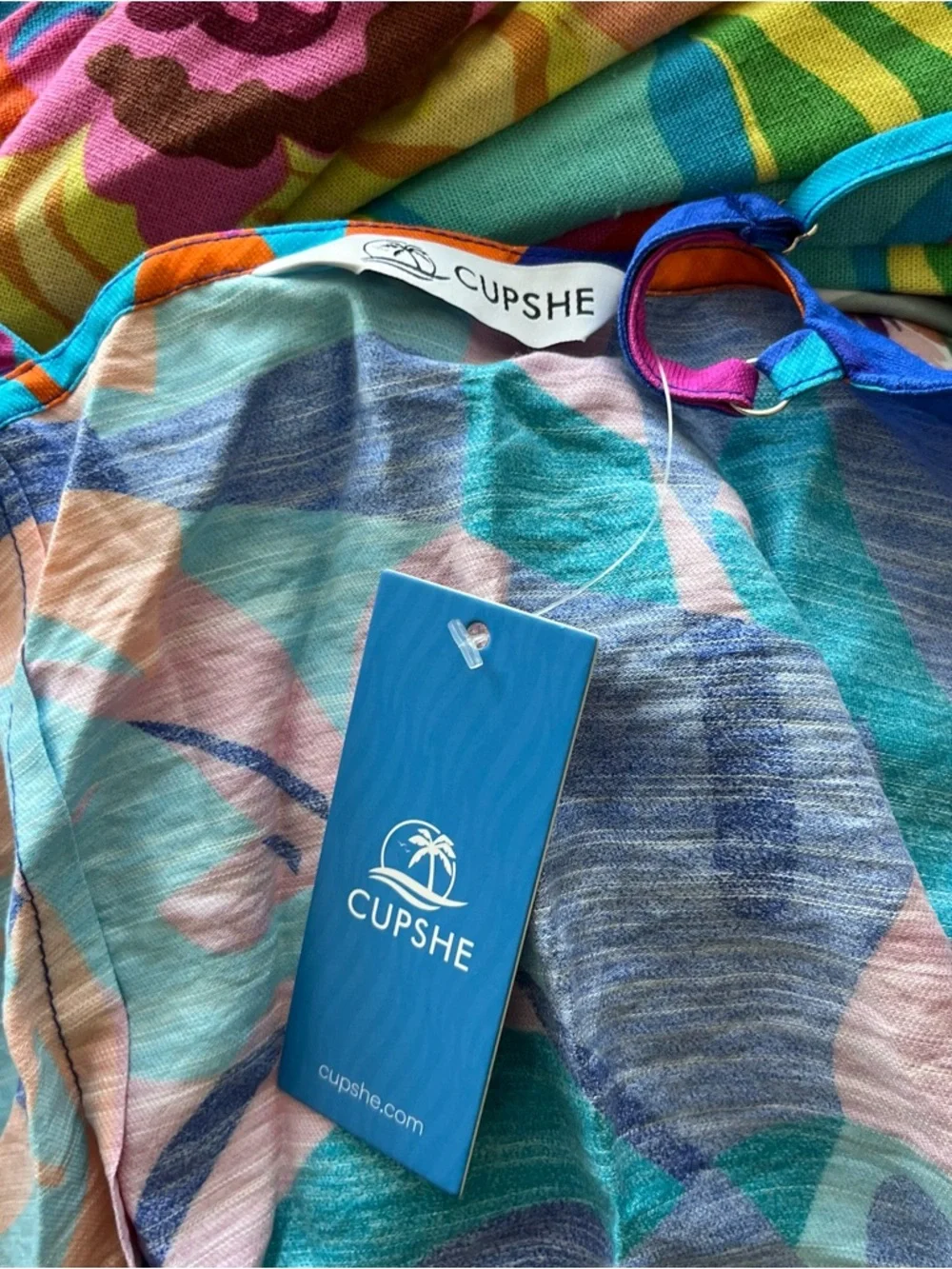 Cupshe Papaya Pop Tropical Mini Wrap Dress Small S Blue Green Print NWT Womens - Picture 15 of 15